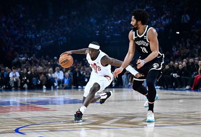 Jan 11, 2024; Paris, FRANCE; Cleveland Cavaliers guard Caris LeVert (3) is defended by Brooklyn Nets guard Spencer Dinwiddie (26) in the NBA Paris Game at AccorHotels Arena. Mandatory Credit: Alexis Reau/Presse Sports via USA TODAY Sports